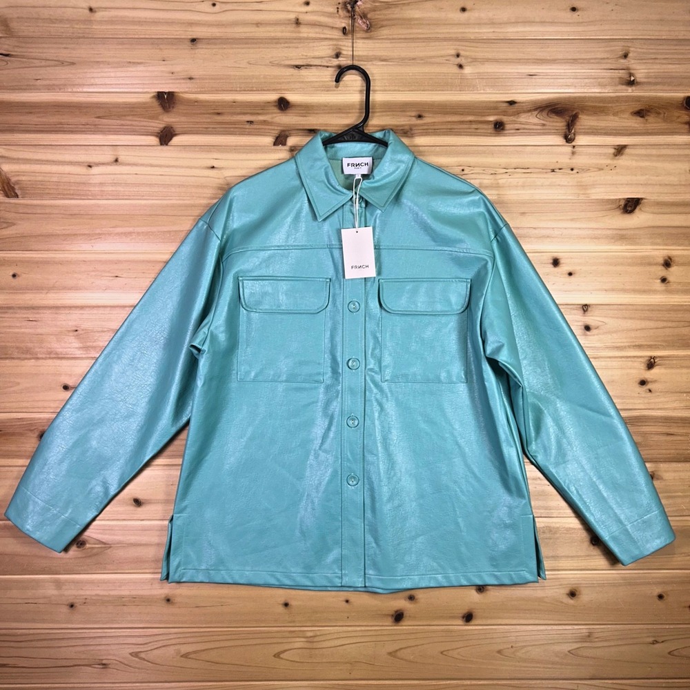 NEW FRNCH Jacket Womens Medium Turquoise Luna Faux Leather Shacket Button Up